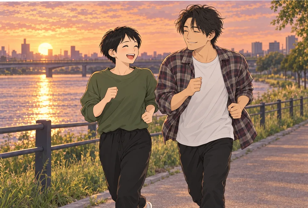 夕焼けの川沿いを並んで走る夫婦