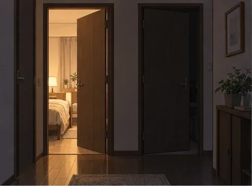 夜の廊下。寝室のドアが2つ並び、片方だけ明かりがついている