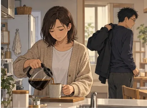 朝の台所。コーヒーをいれる妻の後ろを、夫が上着を着ながら通り過ぎる
