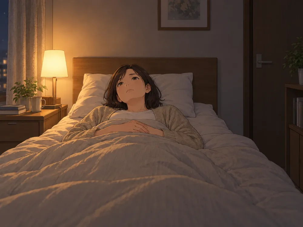 夜、ひとりでベッドに横になり、天井を見ている妻