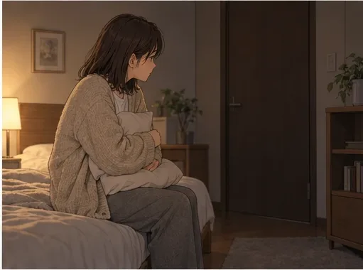 枕を抱えてベッドのふちに座り、閉じたドアのほうを見ている妻