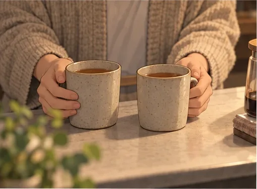 台所で、マグカップを2つ手にしている妻の手元