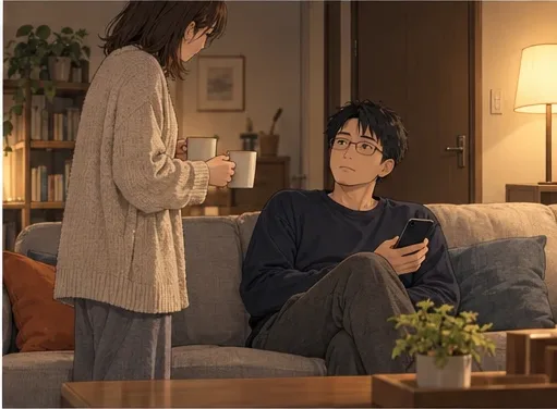 夜のリビング。マグカップを2つ持った妻が、ソファの夫に声をかける