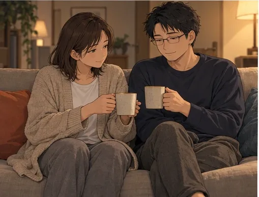 ソファに並んで座り、マグカップを手にする夫婦