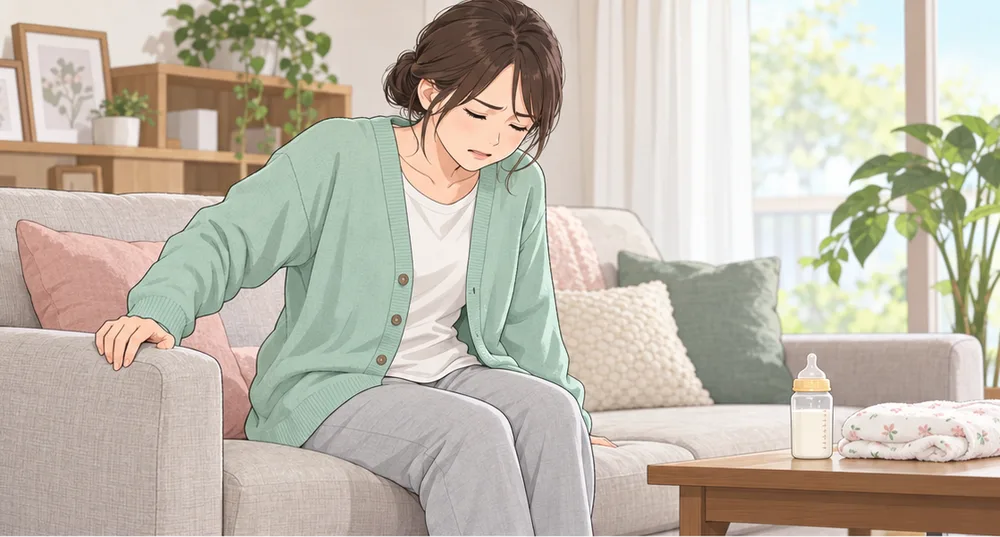 昼のリビングで、ソファのひじ掛けに手をついて、顔をしかめながら座る妻