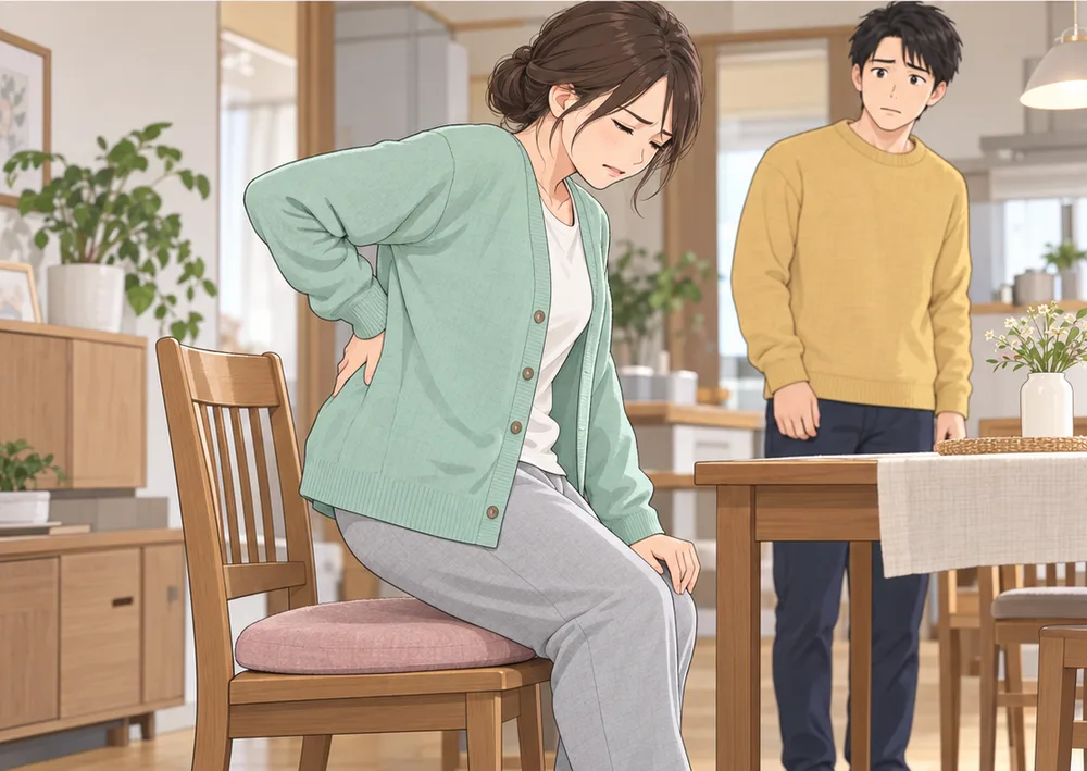 食卓の椅子にゆっくり腰を下ろす妻と、奥で心配そうに見る夫