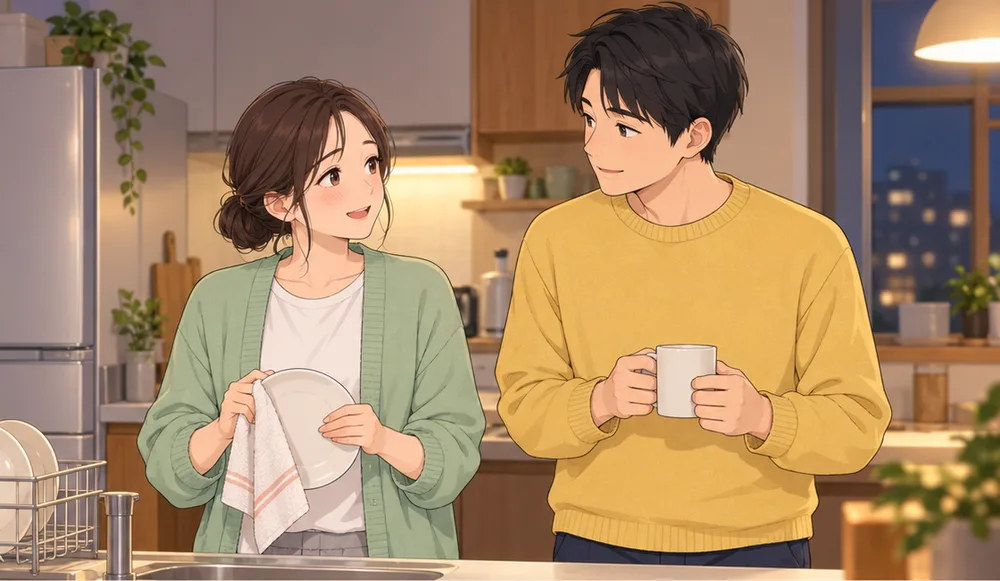 夜の台所で、皿をふきながら笑って話す妻と、マグを持って聞く夫