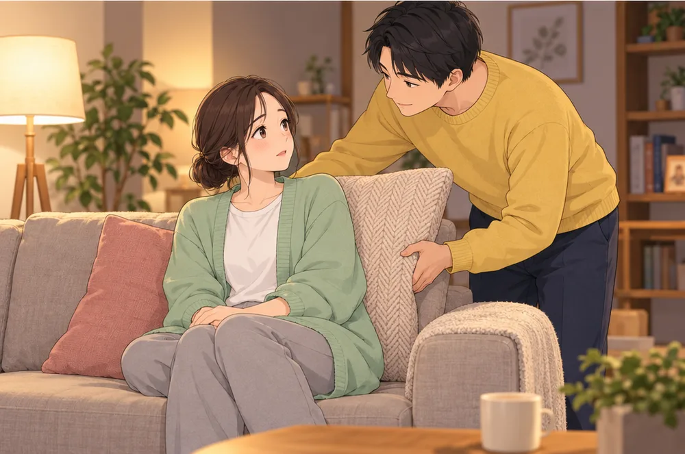 夜のソファで、妻の背中にそっとクッションを当てる夫