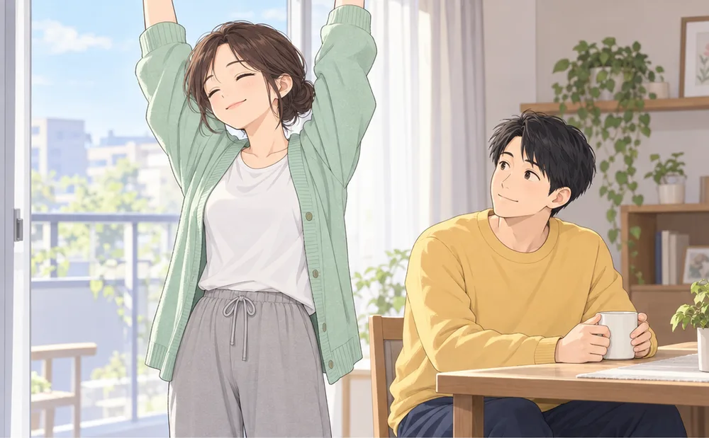 朝の窓辺で、気持ちよさそうに伸びをする妻と、それを見てほほえむ夫