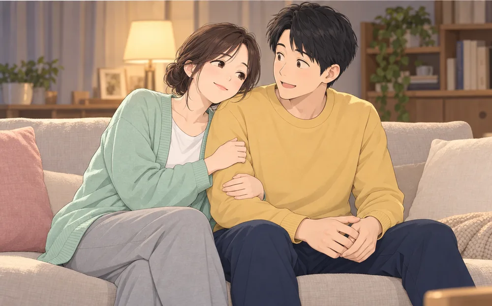 夜のソファで、夫の腕にそっと腕をからめる妻