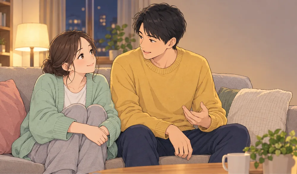 夜のソファで、妻のほうを向いてやさしく声をかける夫