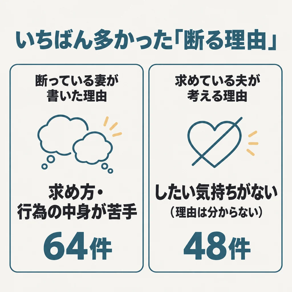 いちばん多かった「断る理由」。断っている妻が書いた理由は、求め方・行為の中身が苦手で64件。求めている夫が考える理由は、したい気持ちがない（理由は分からない）で48件