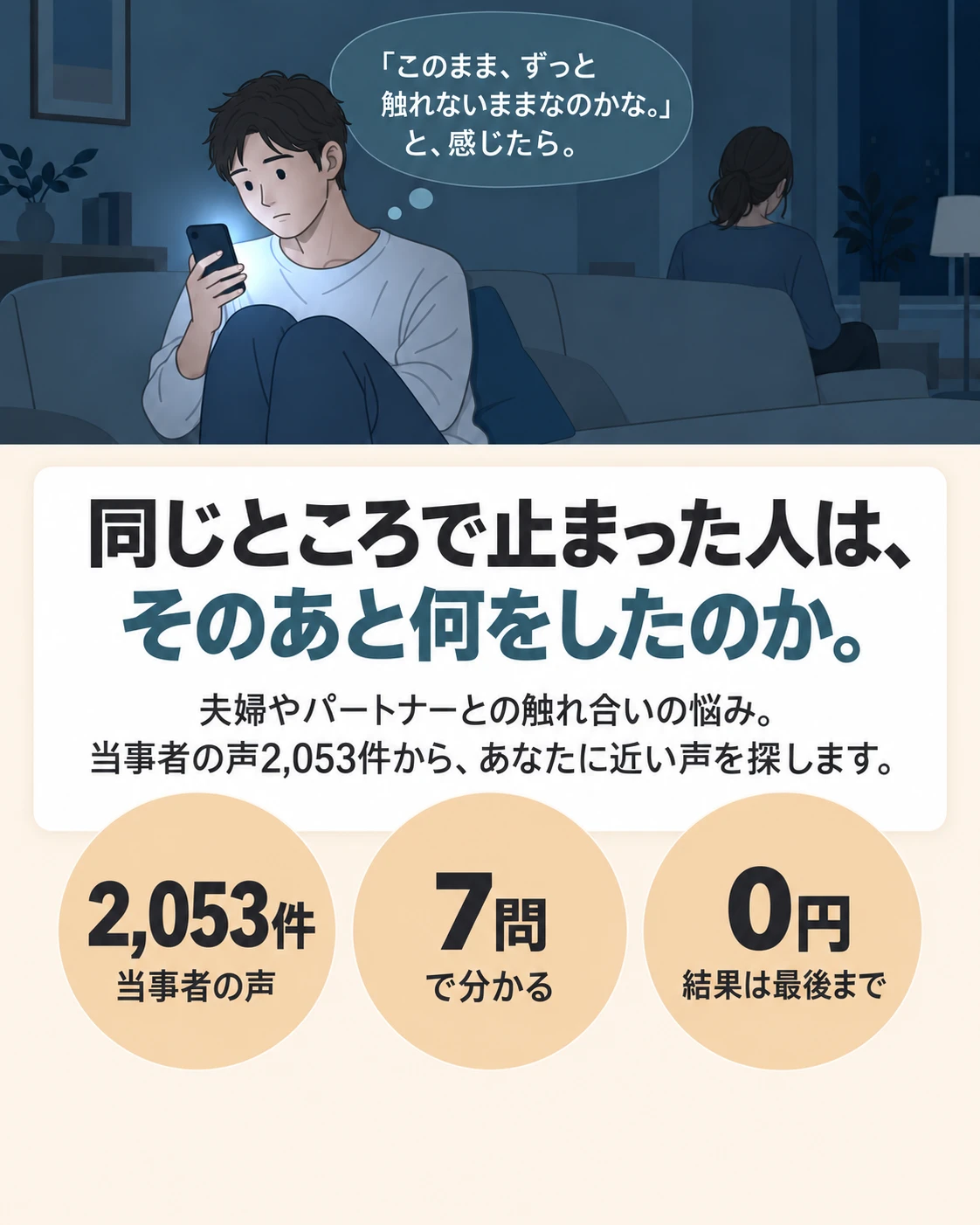 「このまま、ずっと触れないままなのかな。」と、感じたら。同じところで止まった人は、そのあと何をしたのか。夫婦やパートナーとの触れ合いの悩み。当事者の声2,053件から、あなたに近い声を探します。2,053件 当事者の声。7問 で分かる。0円 結果は最後まで。