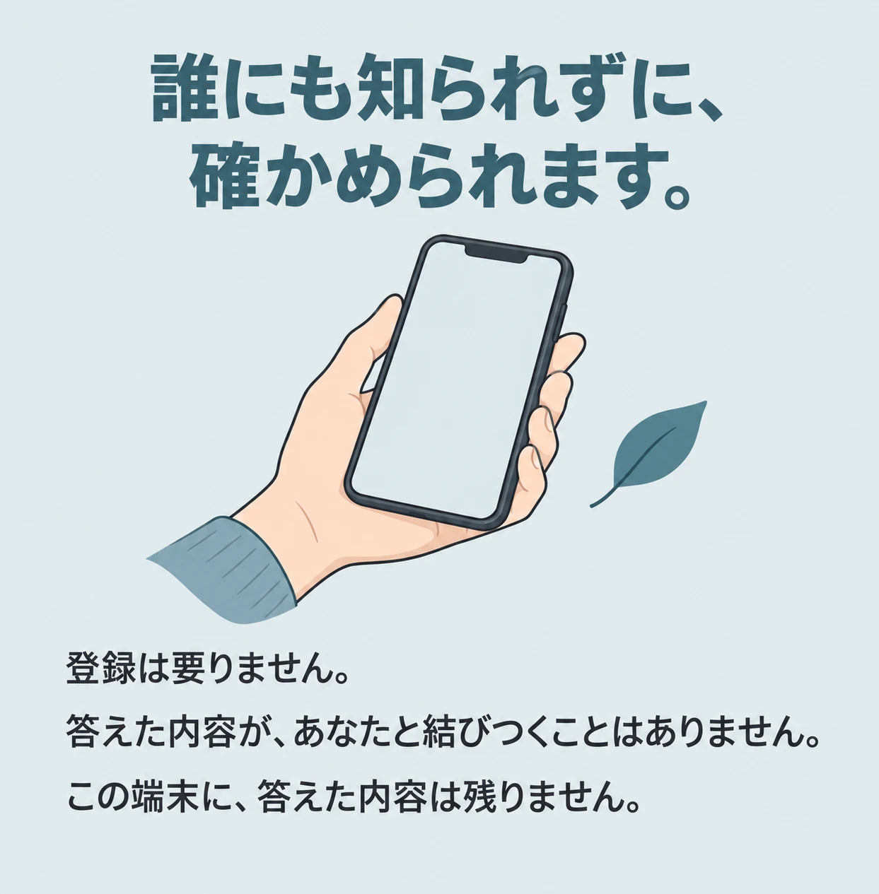 誰にも知られずに、確かめられます。登録は要りません。答えた内容が、あなたと結びつくことはありません。この端末に、答えた内容は残りません。