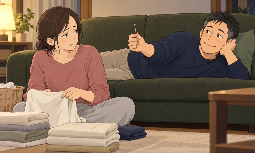 ソファに寝ころび、耳かきを差し出す夫