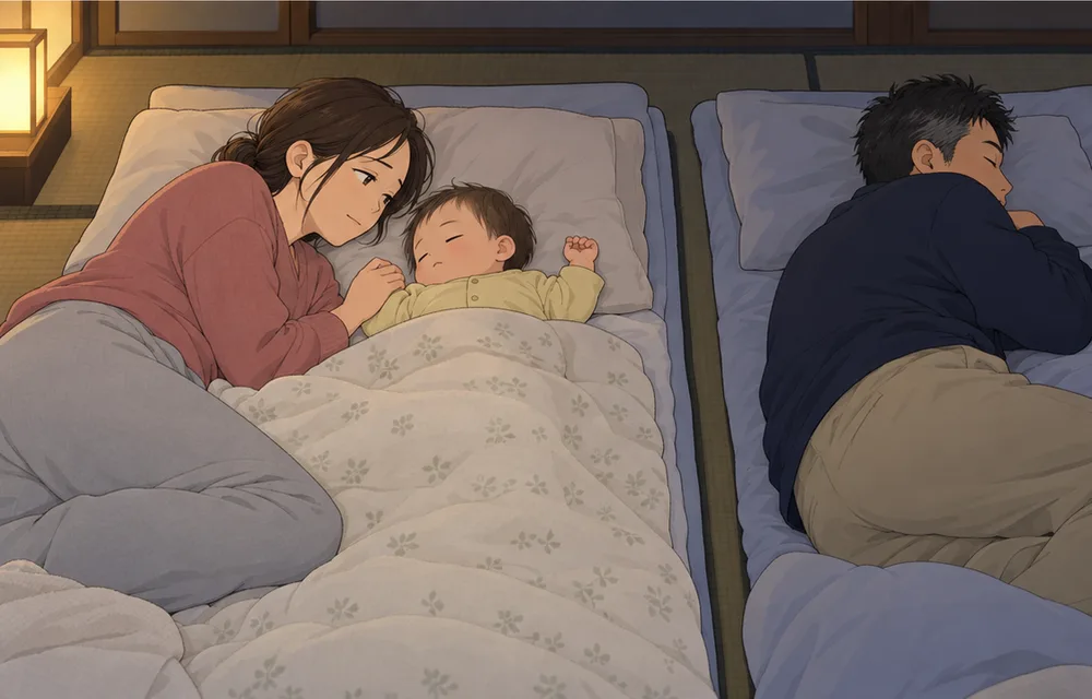 赤ちゃんの横で眠る妻と、少し離れた布団で眠る夫