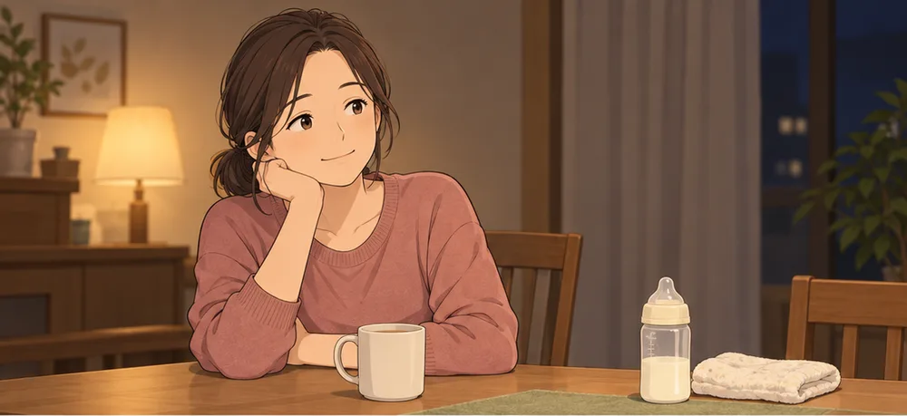 夜の食卓で、お茶を前にほおづえをつく妻