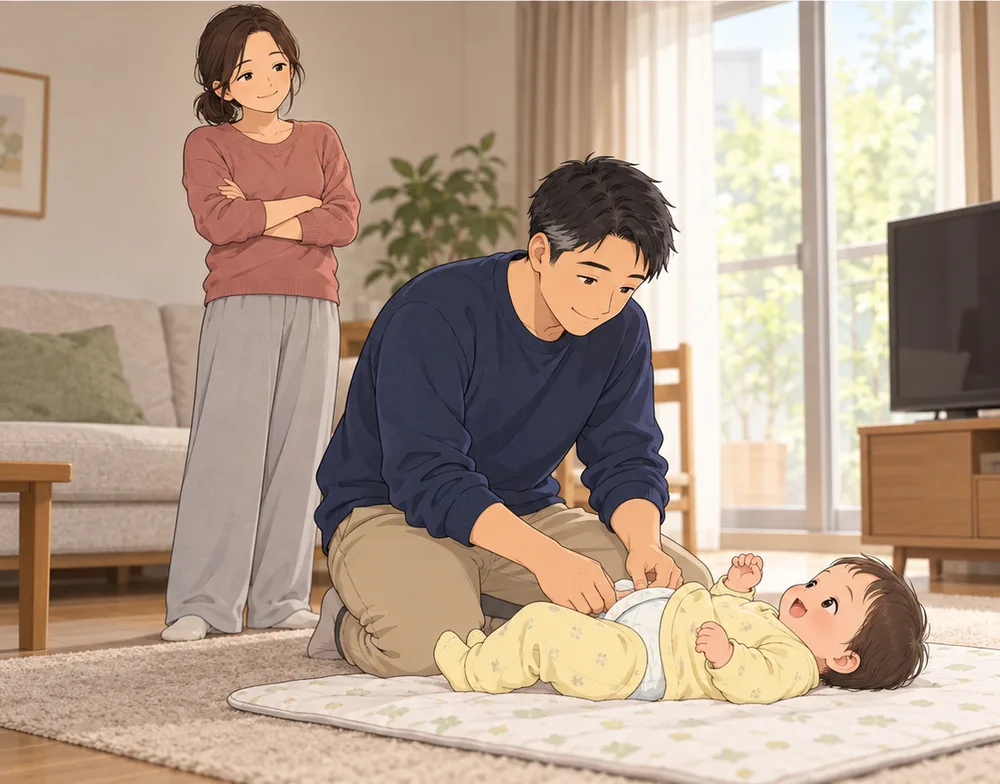 赤ちゃんのおむつを替える夫と、後ろで見ている妻
