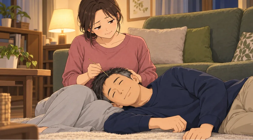 膝枕で夫の耳かきをする妻と、目を閉じる夫