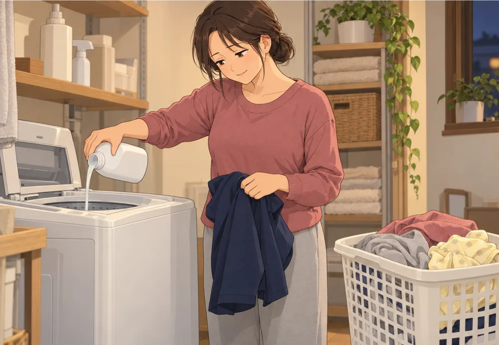 夫の服を手に、洗濯機に柔軟剤を入れる妻