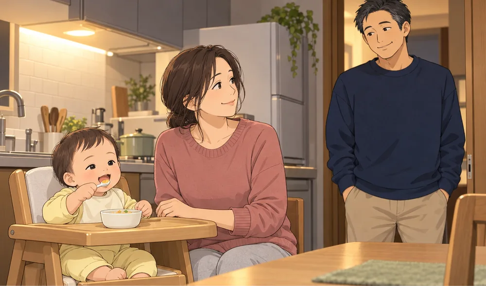 ひとりで離乳食を食べる赤ちゃんと、横で見ている妻