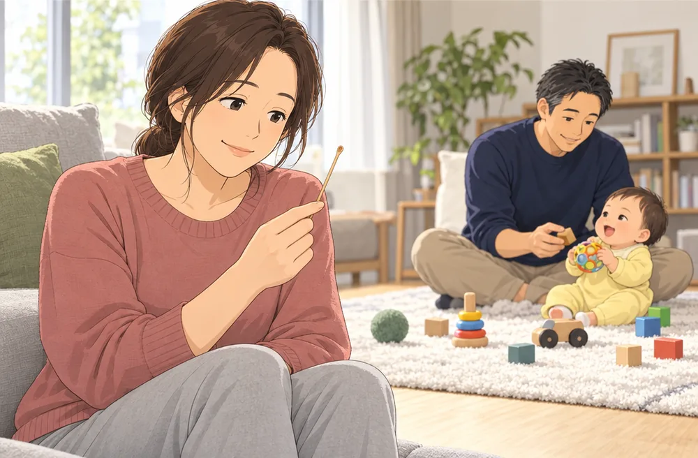 赤ちゃんと遊ぶ夫を奥に、耳かきを手に考える妻