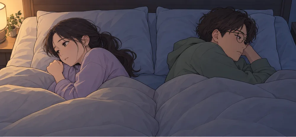 夜の寝室。同じベッドで少し離れて横になり、夫の背中のほうを見ている妻