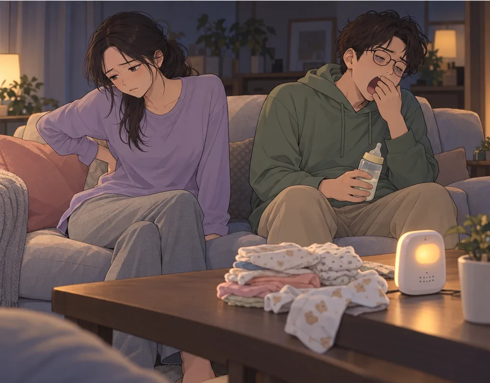 深夜のリビング。腰を押さえてつらそうな妻と、哺乳瓶を持ってあくびをする夫