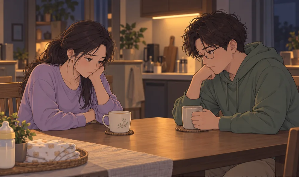 夜の食卓で、お茶を前に頬杖をついて考え込む二人