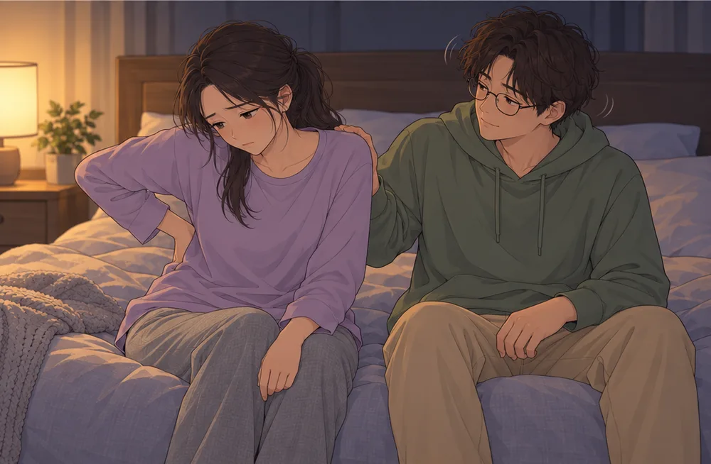 夜の寝室。ベッドの端で腰に手を当てる妻の肩に、夫がそっと手を置いている