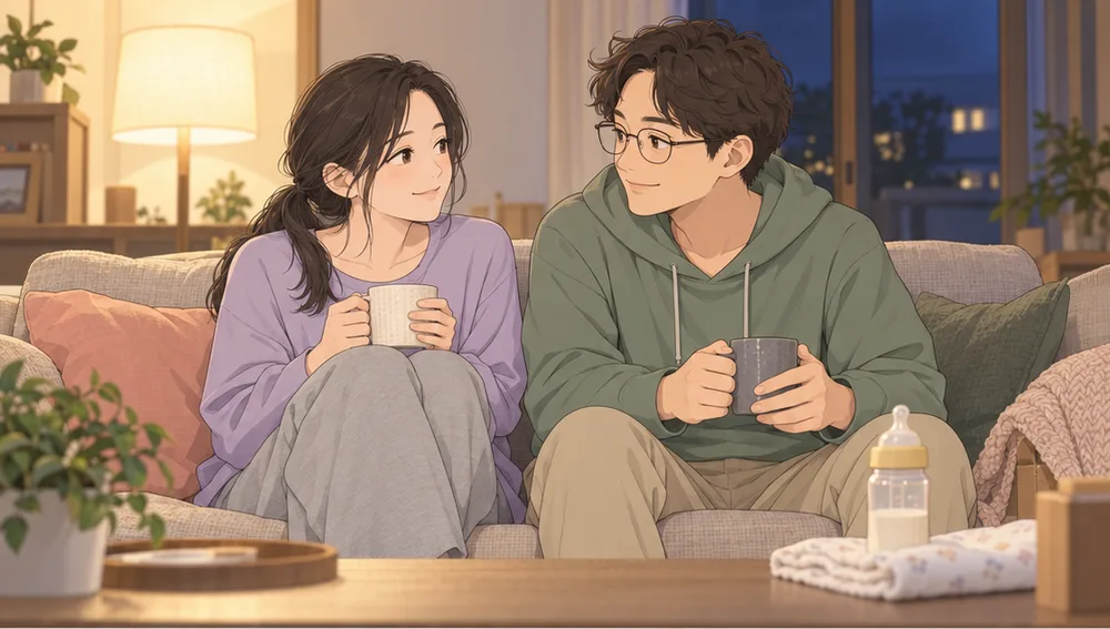 夜のソファで、マグを持って見つめ合い、ほっとしたように微笑む二人