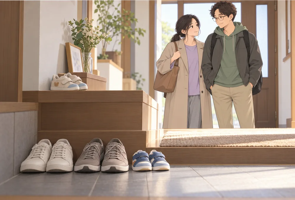 玄関。棚に赤ちゃんの靴が飾られ、床には夫婦の靴と子どもの小さなスニーカー。奥で微笑む二人