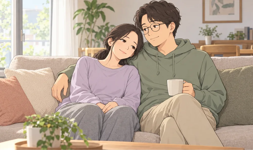 明るい昼のソファで、夫の肩にもたれる妻