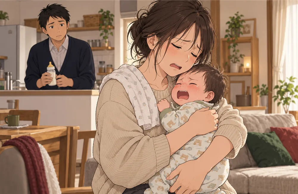 数年前、泣く赤ちゃんを抱いて疲れきった妻と、台所から見ている夫