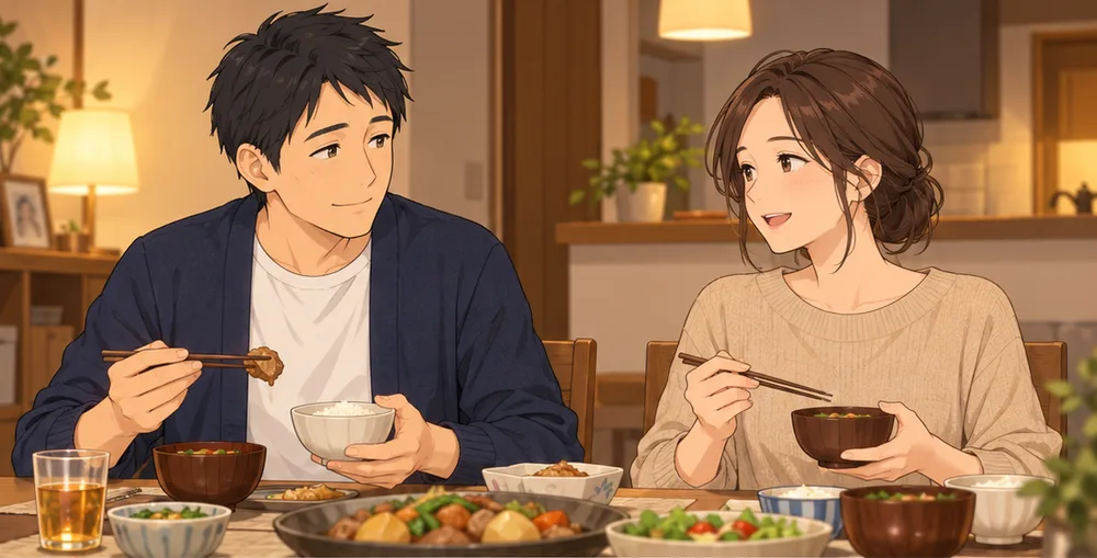夕食の席で、ふつうに話す夫婦