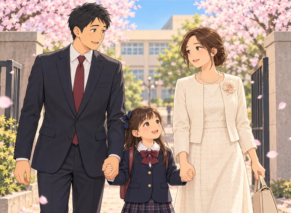 桜の咲く校門の前で、子どもの手を引く着飾った妻