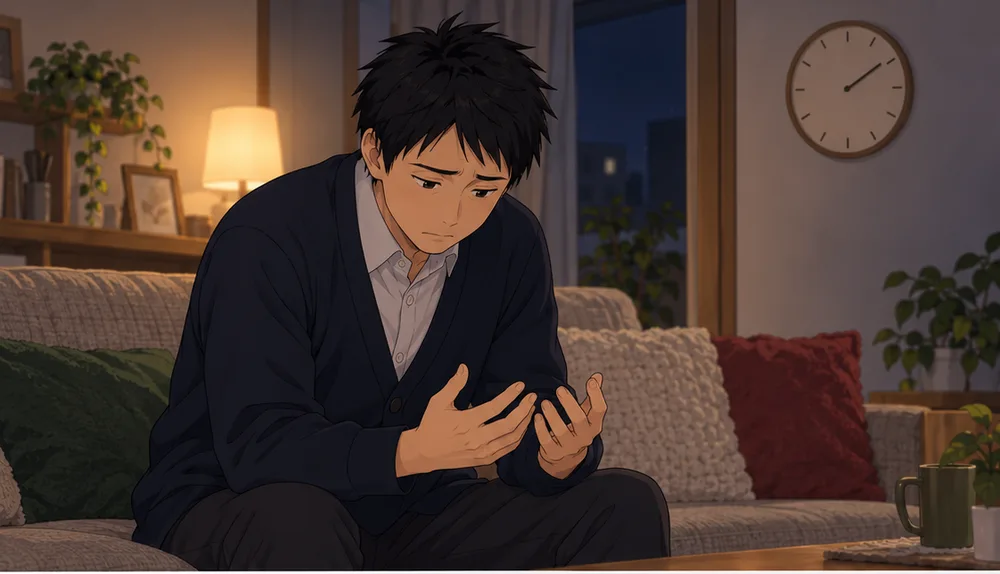 夜のソファで、自分の手を見つめて言うことを考える夫