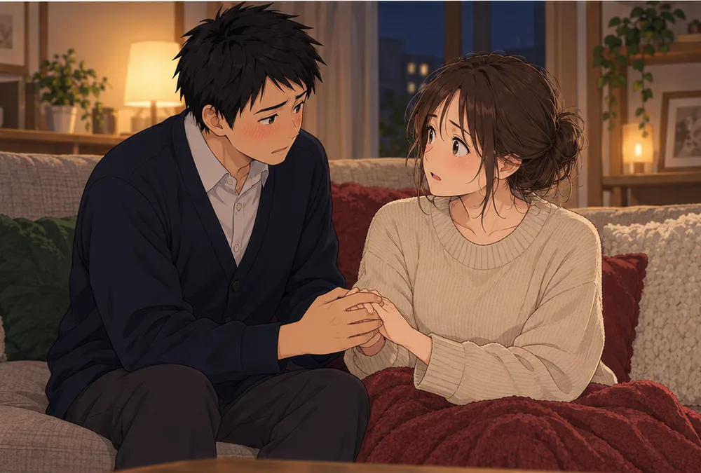 顔を赤くして妻の手をとる夫と、驚いて見上げる妻