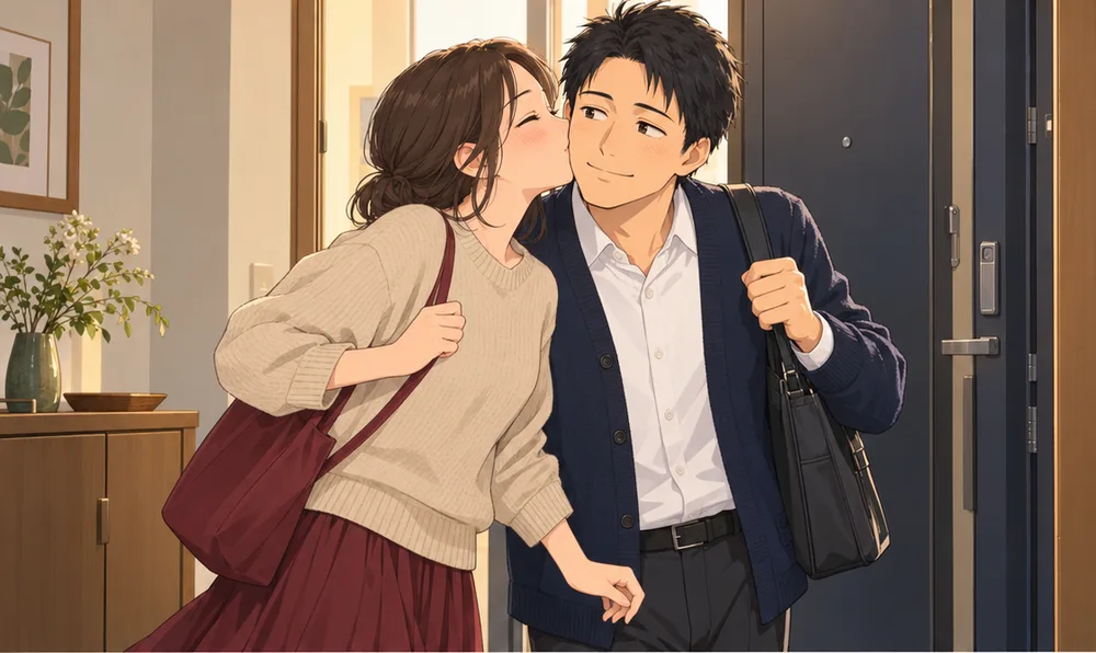 玄関で、出かける夫のほおに軽くキスする妻