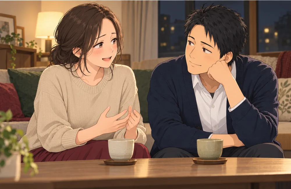 お茶を前に、ほっとした顔で話す妻と、聞いている夫