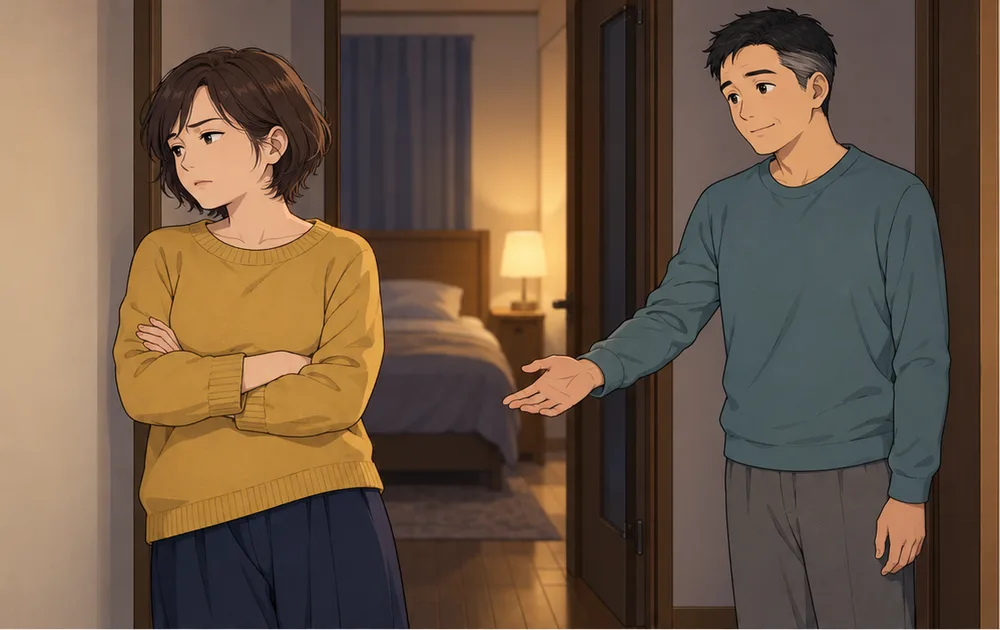 手を差し出す夫と、顔をそむける妻