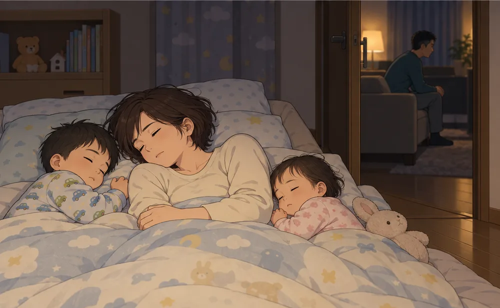 数年前、子ども二人のあいだで眠る妻と、戸口から見ている夫