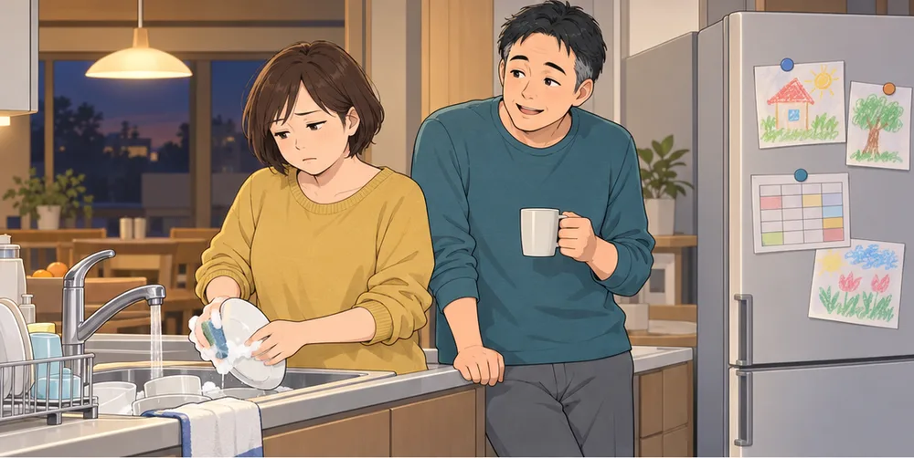 皿を洗う疲れた顔の妻と、横から軽く話しかける夫