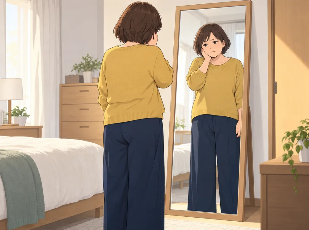 姿見の前で、自分の姿に眉をひそめる妻