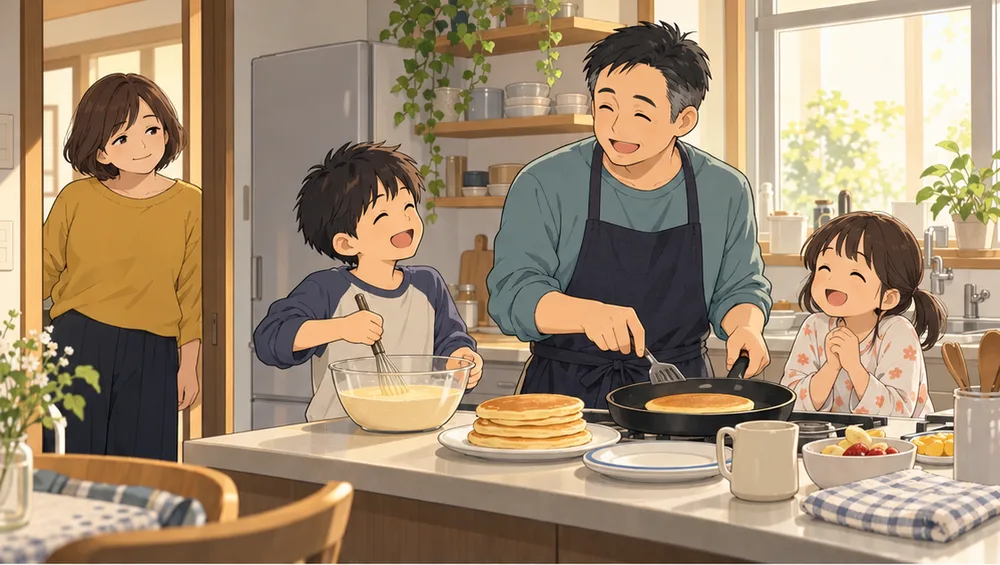 子どもたちとパンケーキを焼いて笑う夫と、戸口から見ている妻