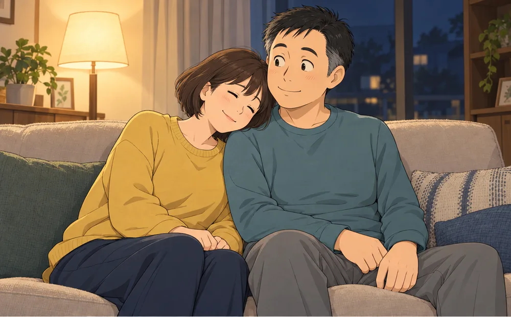 ソファで夫の肩に頭をあずける妻と、驚いてうれしそうな夫