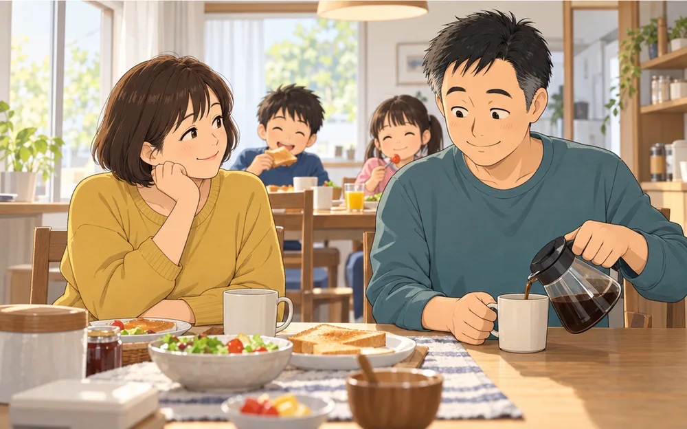 朝の食卓で、コーヒーを注ぐ夫にほほえむ妻