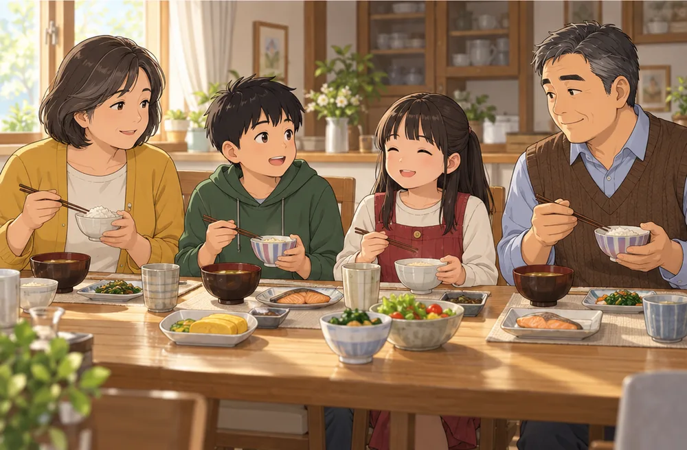 朝の食卓で、子ども二人と食べる夫婦