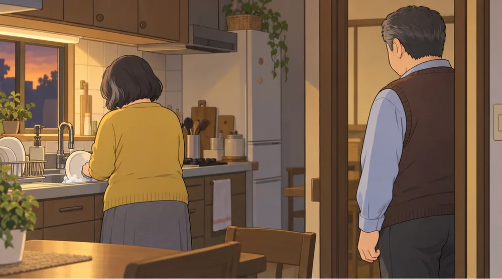 背を向けて皿を洗う妻と、戸口に立つ夫