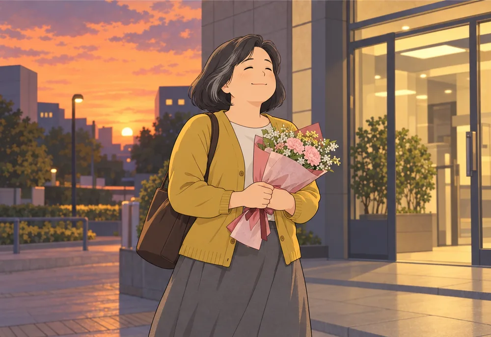 夕焼けの空の下、花束を持って会社を出る妻